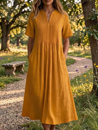 Women'S V-Neck Short-Sleeved Pleated Cotton-Linen Dress