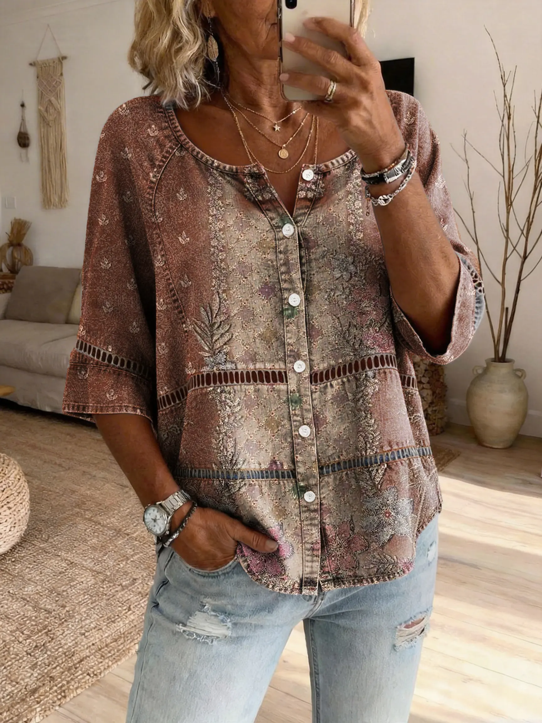 Women's Bohemian-Style Ethnic Floral Art Print Casual Cutout Top
