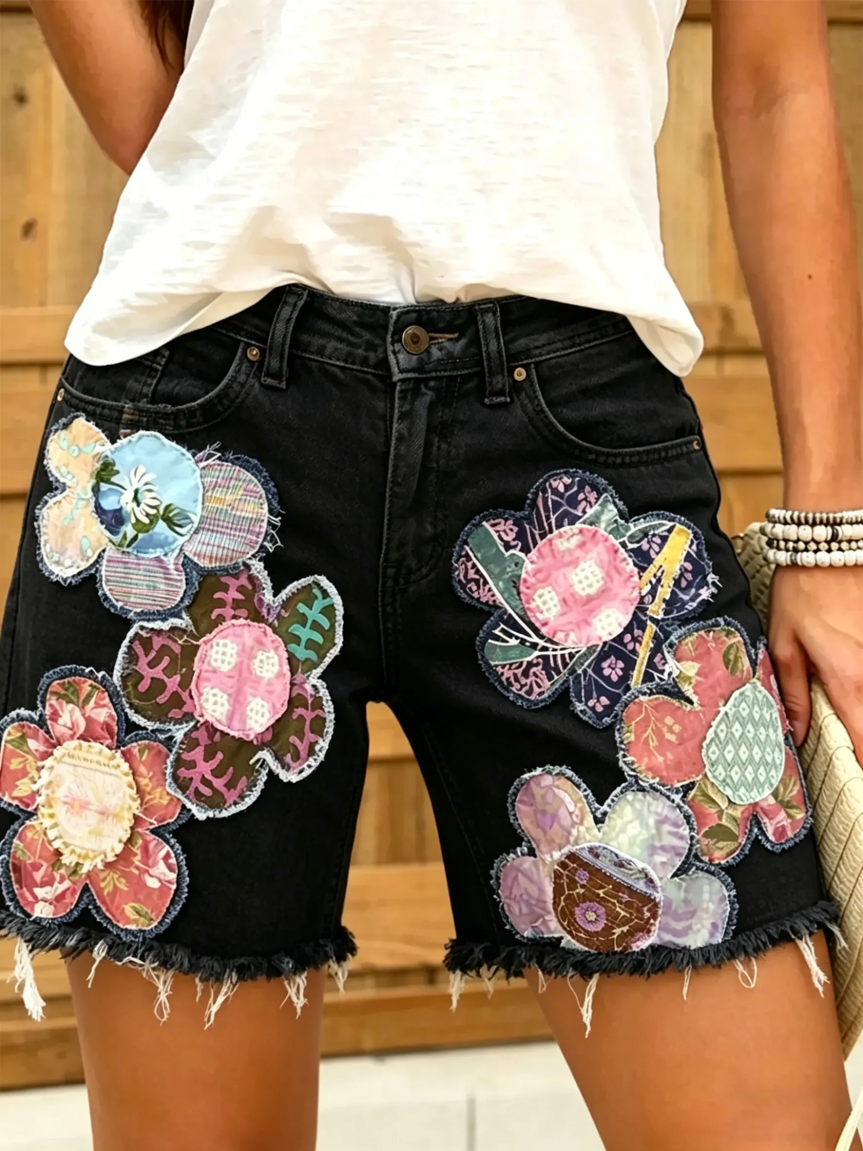 Women's Ethnic Floral Print Denim Shorts