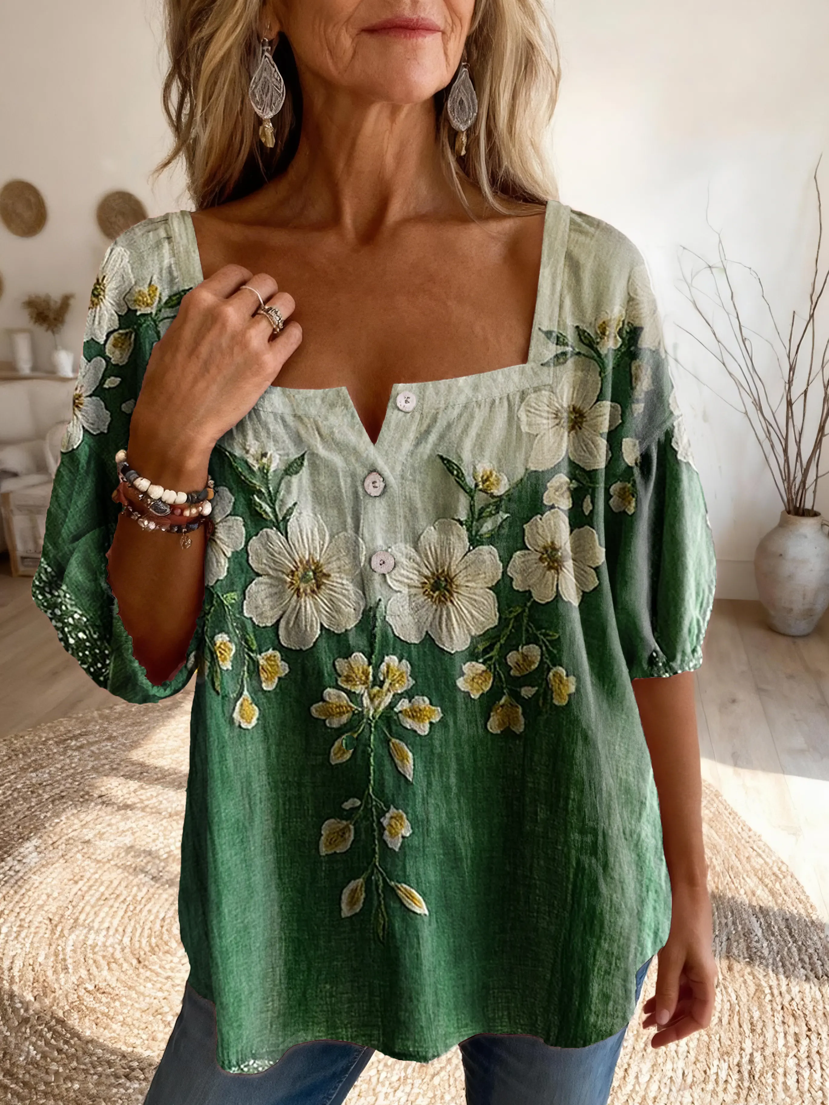 Women's Vintage Ethnic Floral Print Artistic Casual Square Neck Top