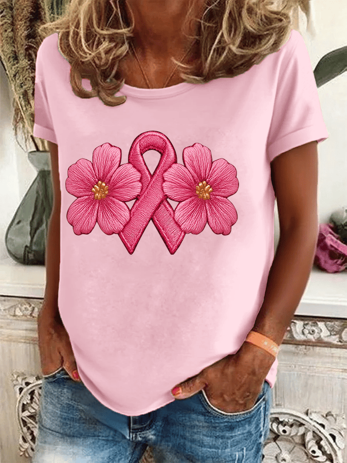 Women's Breast Cancer Awareness Print Crew Neck T-Shirt
