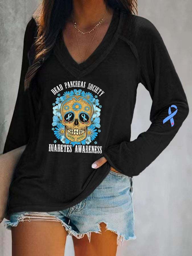Women's Casual Diabetes Awareness Dead Pancreas Society Print Long Sleeve T-Shirt