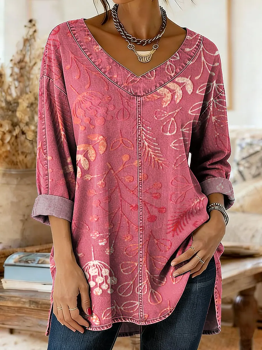 Women's Floral Art Print Casual Washed Denim Cotton Top