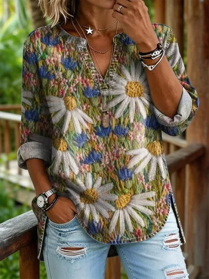 Women's Retro Floral Art Print Casual Long-sleeve V-neck Shirt