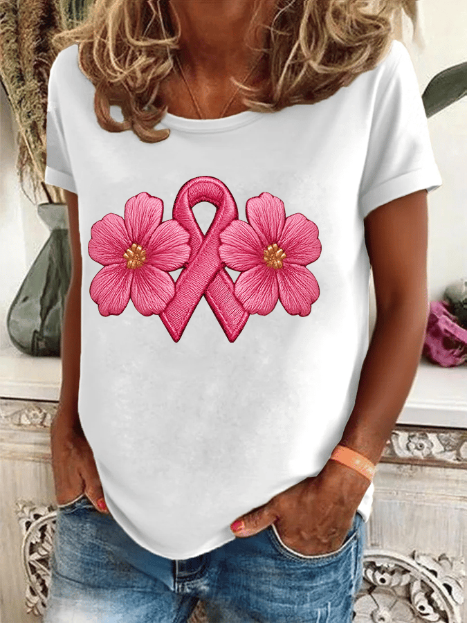 Women's Breast Cancer Awareness Print Crew Neck T-Shirt