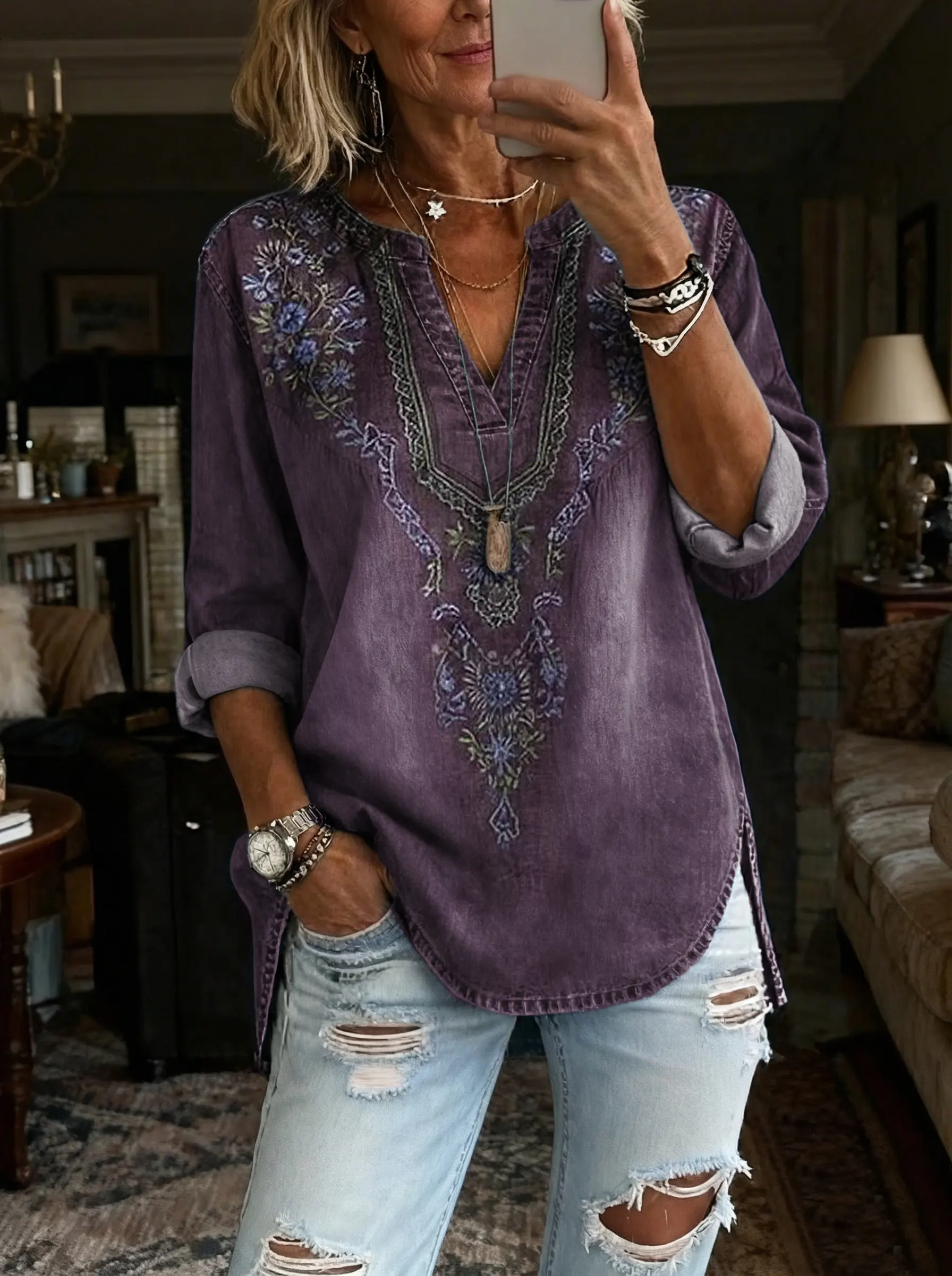 Women's Vintage Purple Textured Floral Art Print Casual V-neck Washed Cotton Denim Top