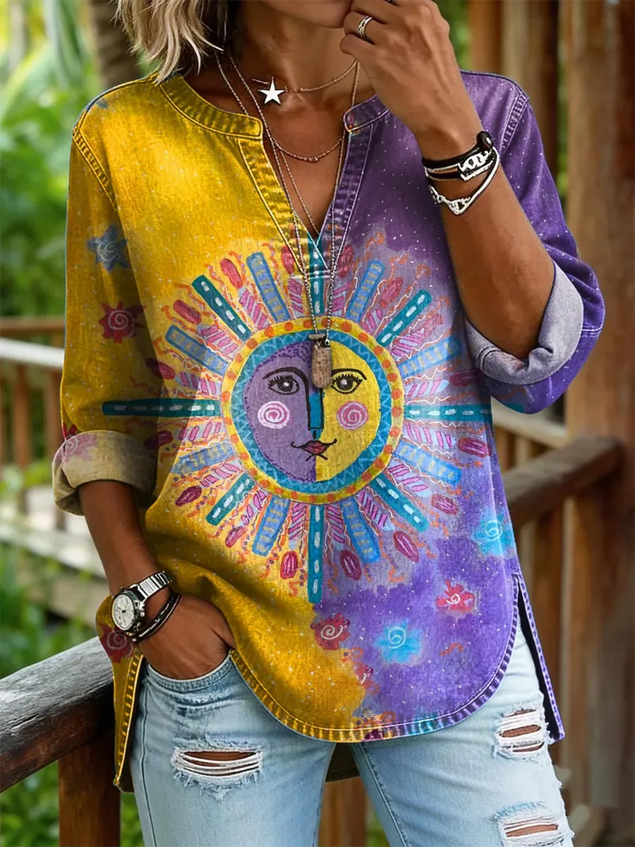 Women's Casual V-neck Washed Cotton Denim Shirt With Artistic Sun-face Print