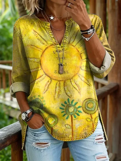 Ethnicity Abstract Sun Hippie Flowers Women's Art Print Casual V-neck Washed Cotton Denim Top