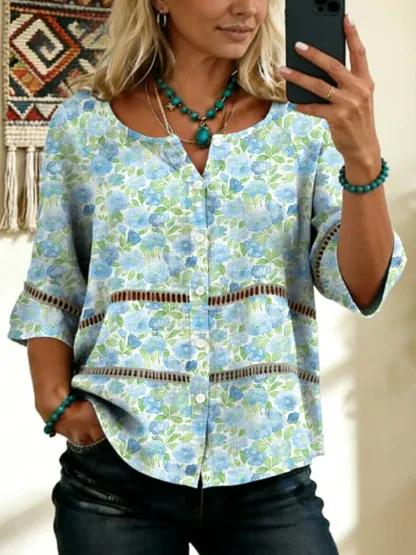 Women's Vintage Floral Art Print Tie-front Button-up Cotton-linen Blend Short-sleeve Shirt