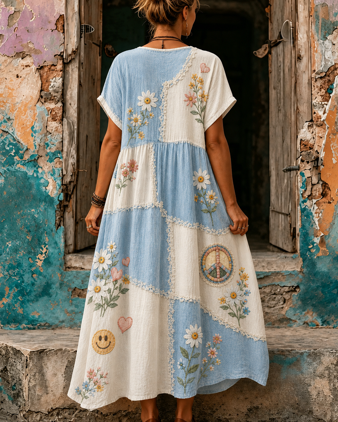 Women's Vacation Linen Boho Floral Print V-Neck Short Sleeve Maxi Dress