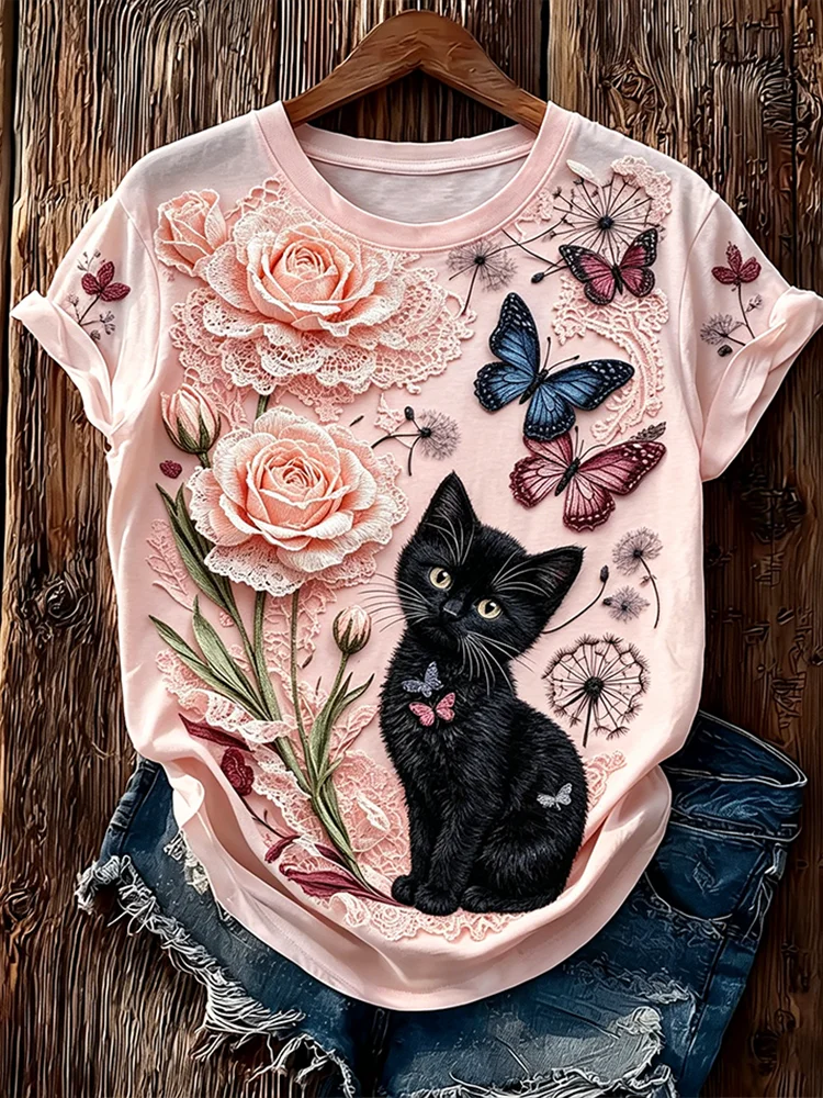 Women's Black Cat & Butterfly Floral Print Round Neck T-Shirt