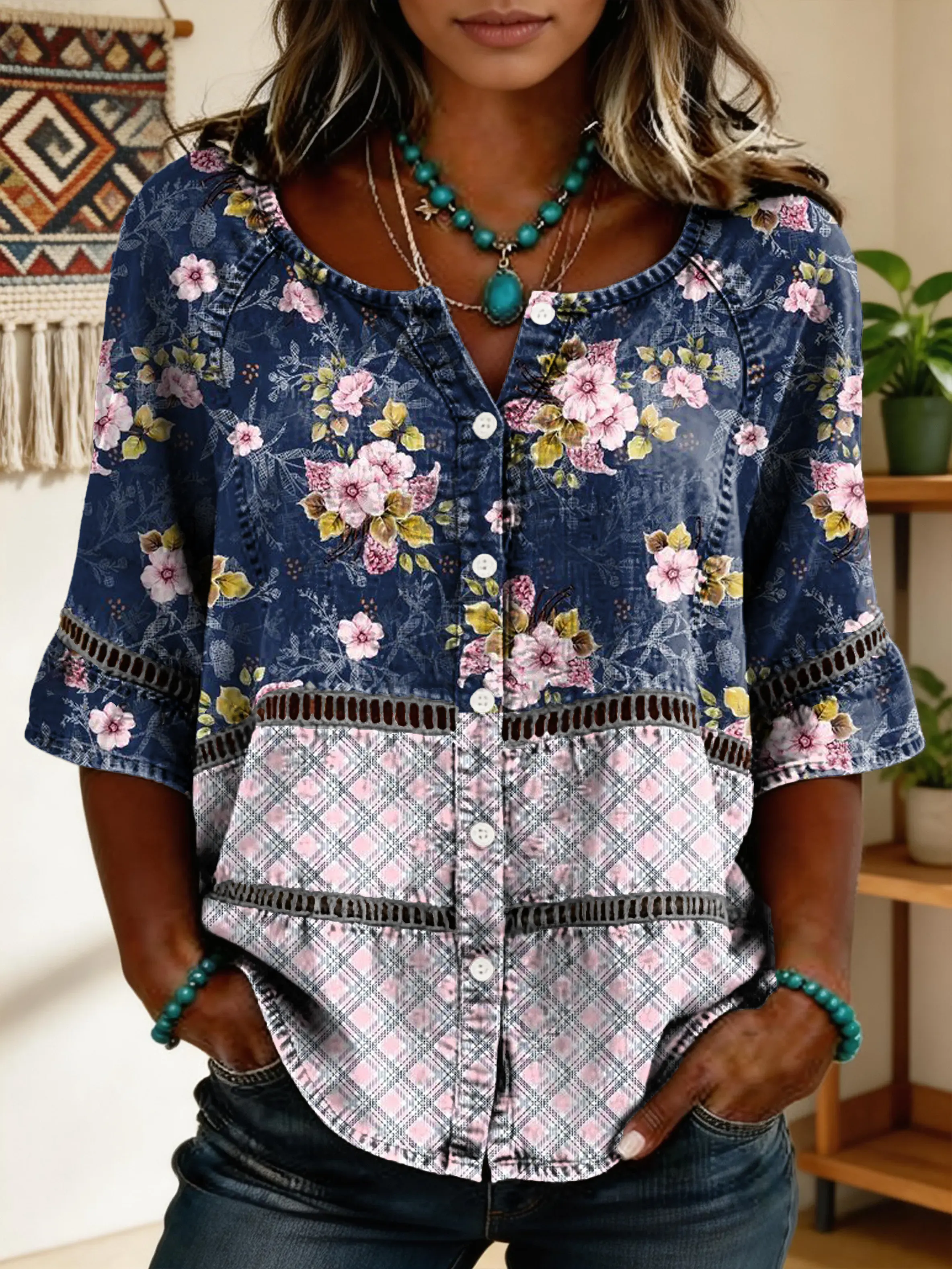 Women's Vintage Floral Art Print Lace-up Button-up Short-sleeve Shirt