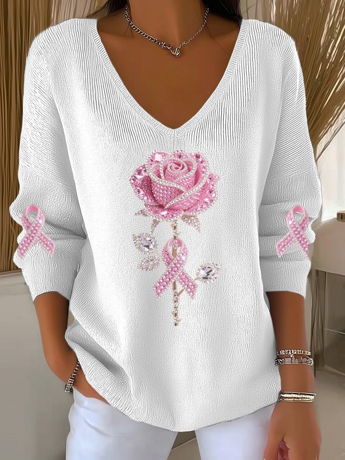Women's Breast Cancer Awareness Roses Print V Neck Sweater