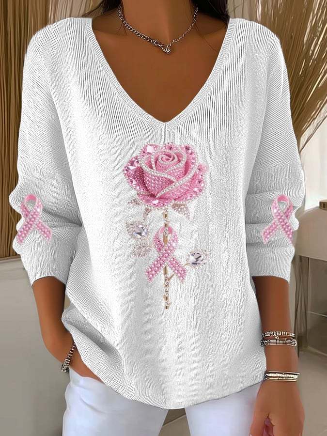 Women's Breast Cancer Awareness Roses Print V Neck Sweater