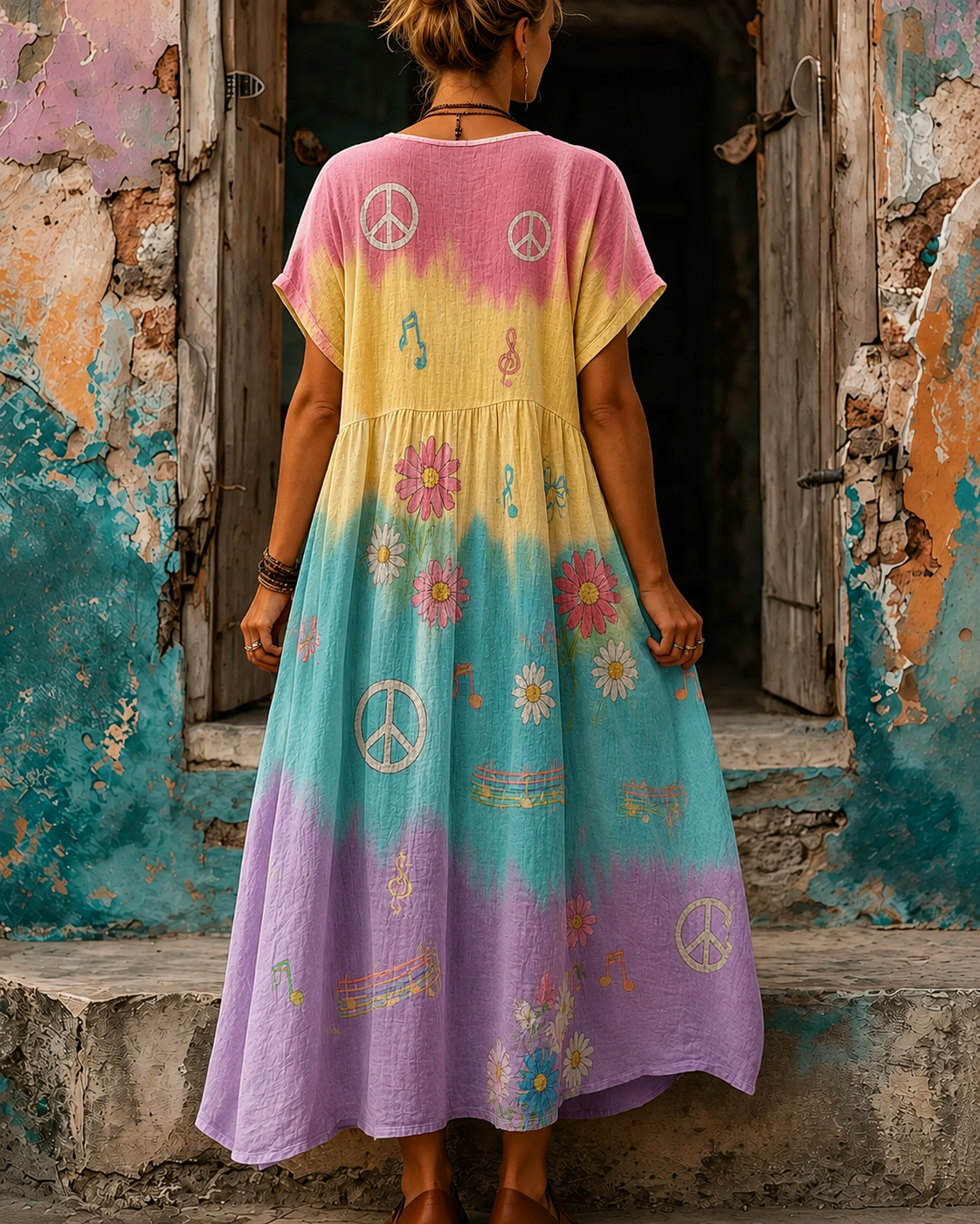 Women's Vacation Linen Boho Floral Print V-Neck Short Sleeve Maxi Dress