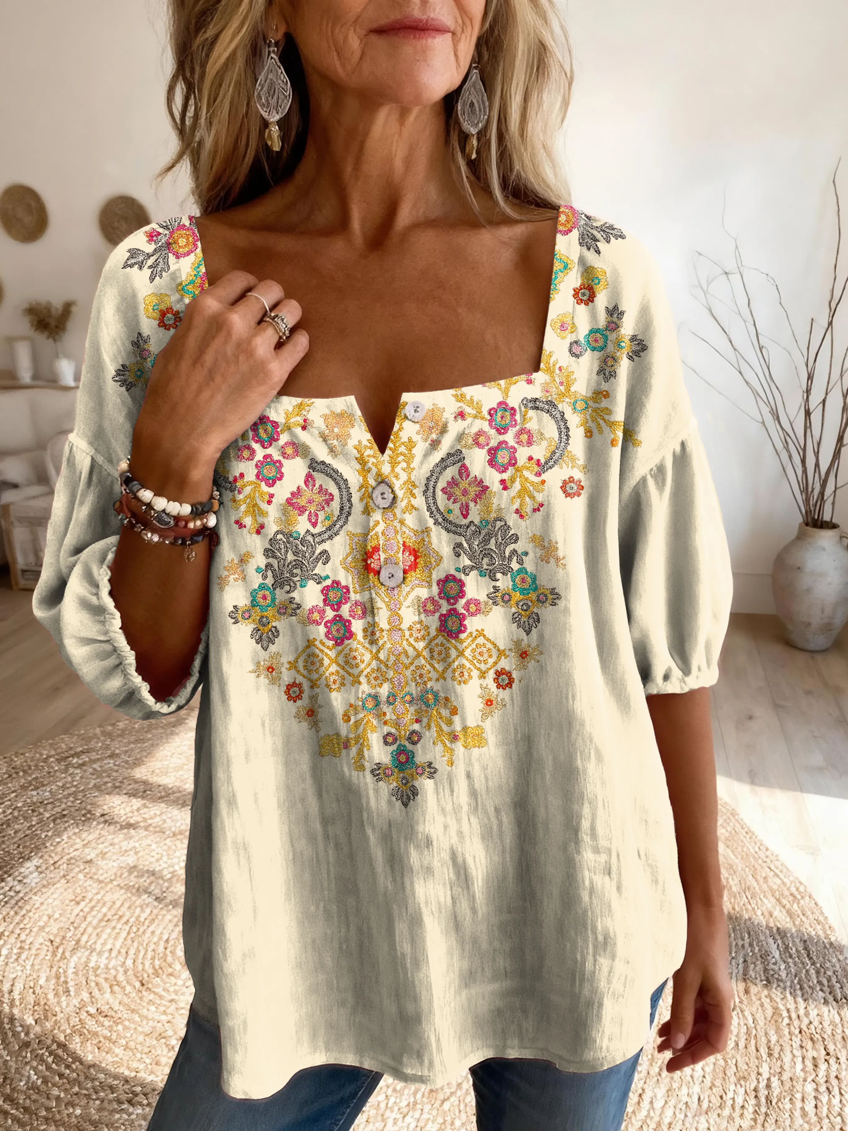 Ethnicity Totem Geometry Women's Vintage Art Print Casual Square-neck Top