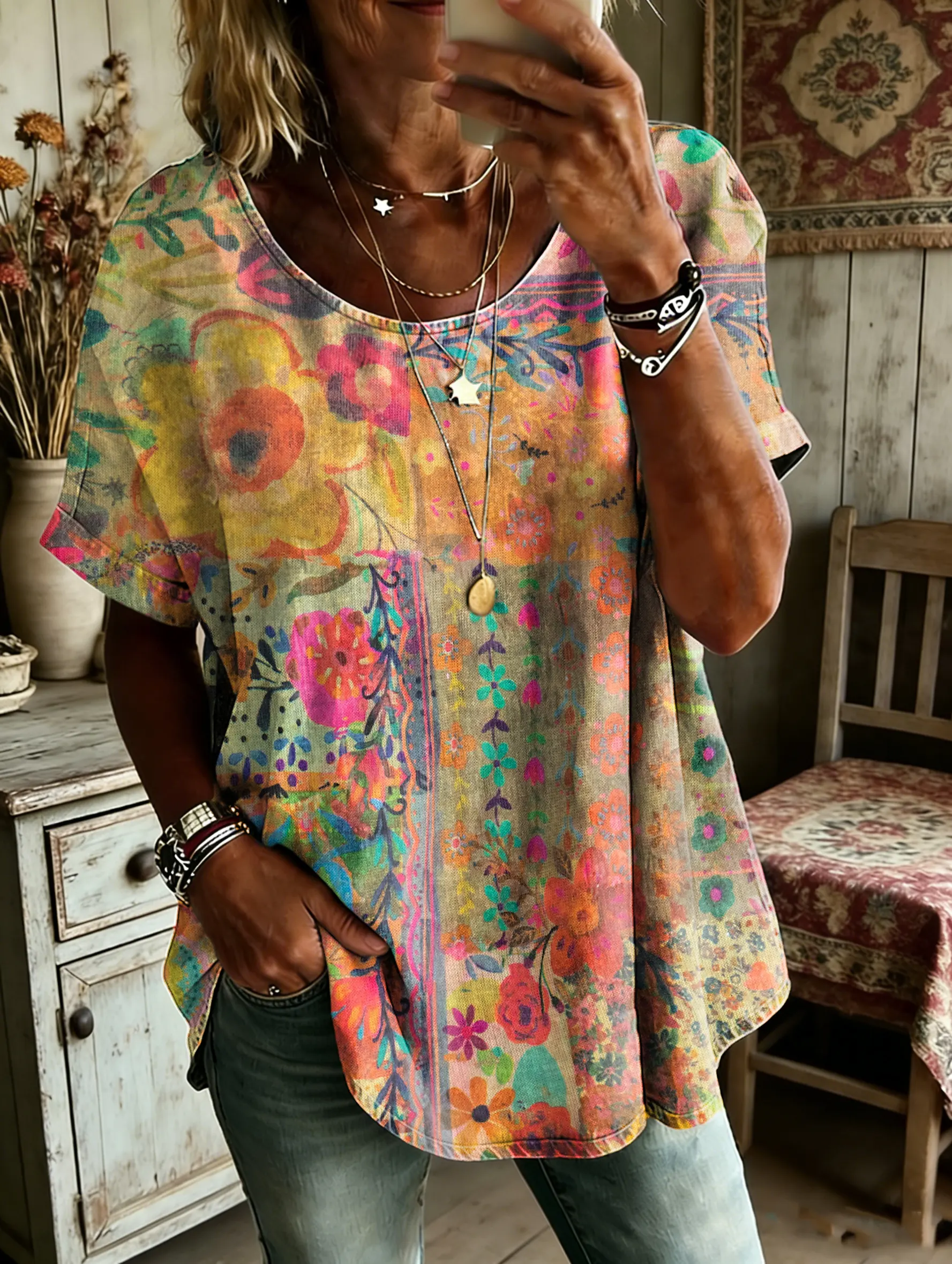 Women's Bohemian Floral Art Print Crew Neck Short Sleeve Shirt