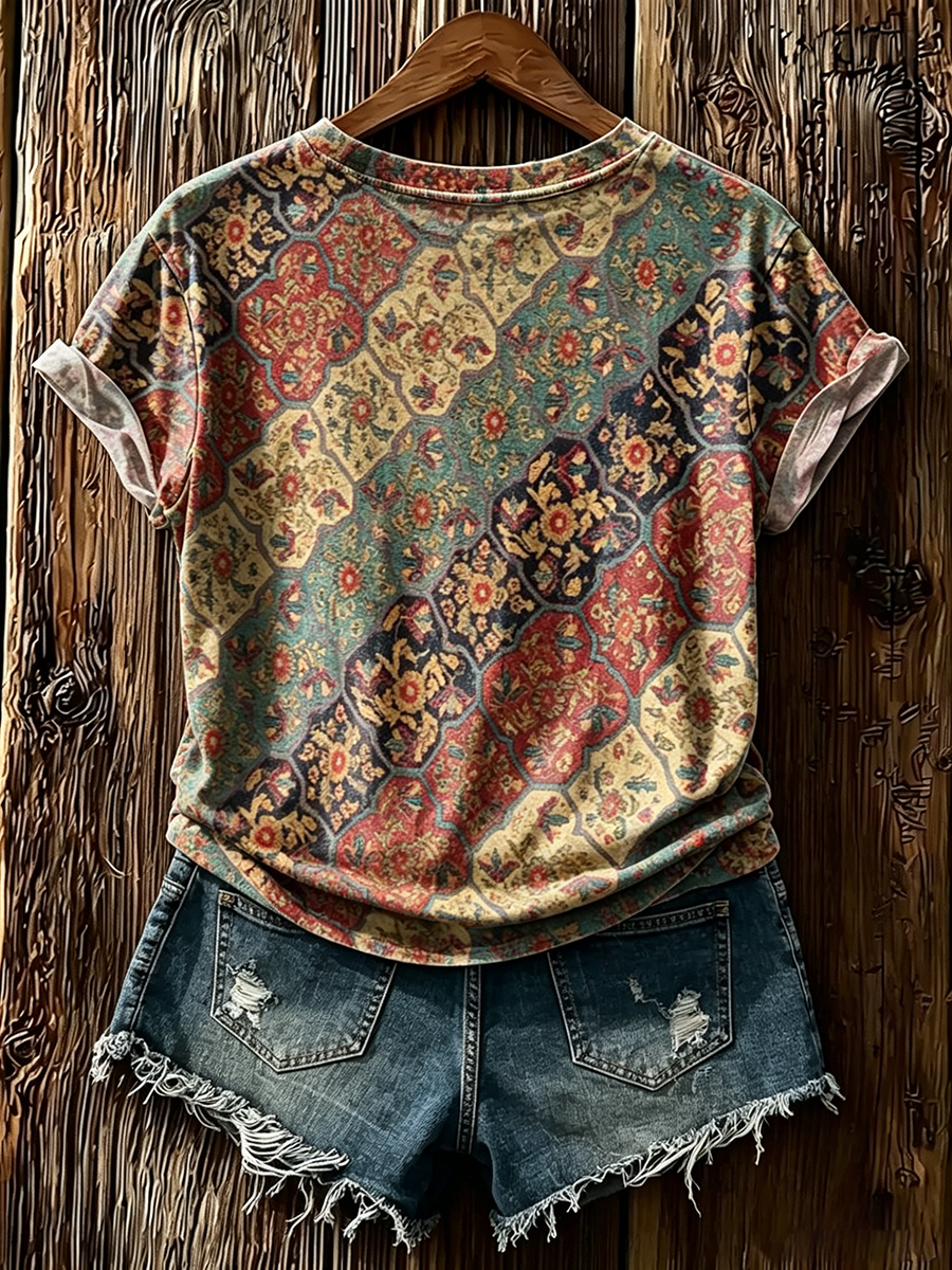 Women's Persian Rug Pattern Print Round Neck T-Shirt