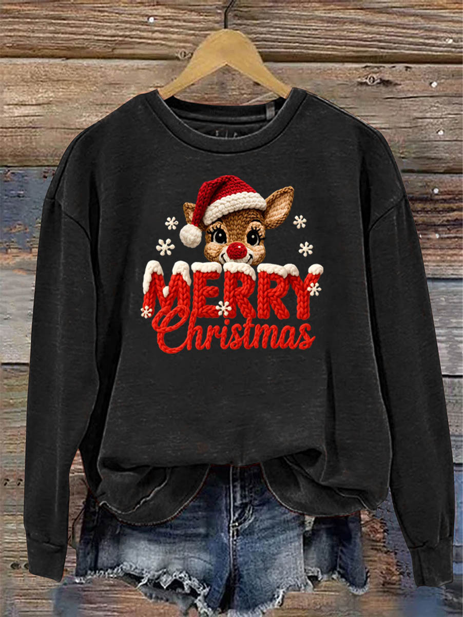 Women's Merry Christmas And Elk Knitting Crochet Pattern Neck Sweatshirt