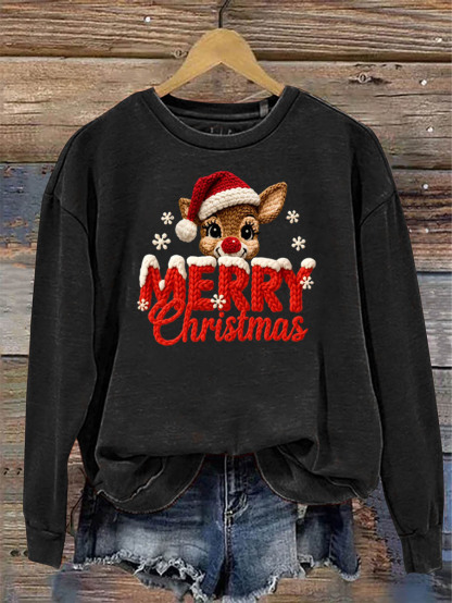 Women's Merry Christmas And Elk Knitting Crochet Pattern Neck Sweatshirt