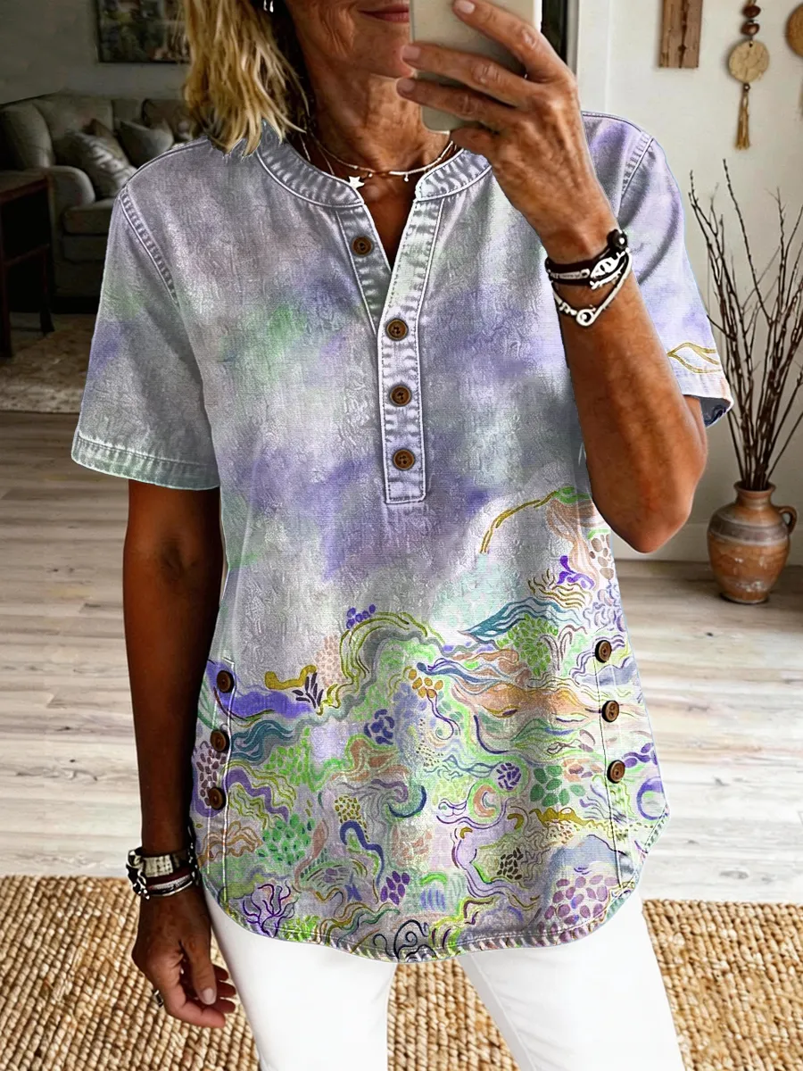 Women's Retro Colorful Ethnic Art Print Casual Short-sleeve Shirt