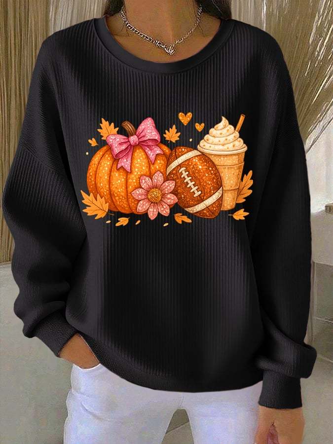 Women's Thanksgiving Pumpkin Football Print Pocketless Sweatshirt