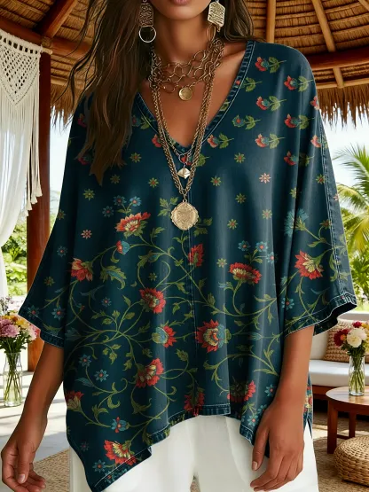 Women's Ethnic Green Floral Pattern Art Print Casual V-neck Batwing Sleeve Top