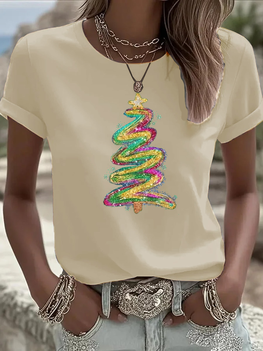Christmas Tree Pattern  Round-Neck 100% Cotton 180g T-Shirt
