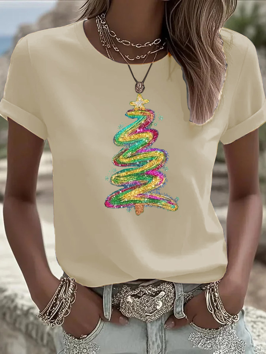 Christmas Tree Pattern  Round-Neck 100% Cotton 180g T-Shirt