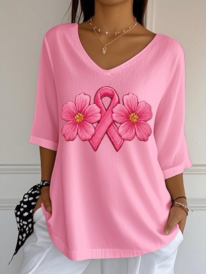 Women's Breast Cancer Awareness Print Jacquard Casual V Neck Top