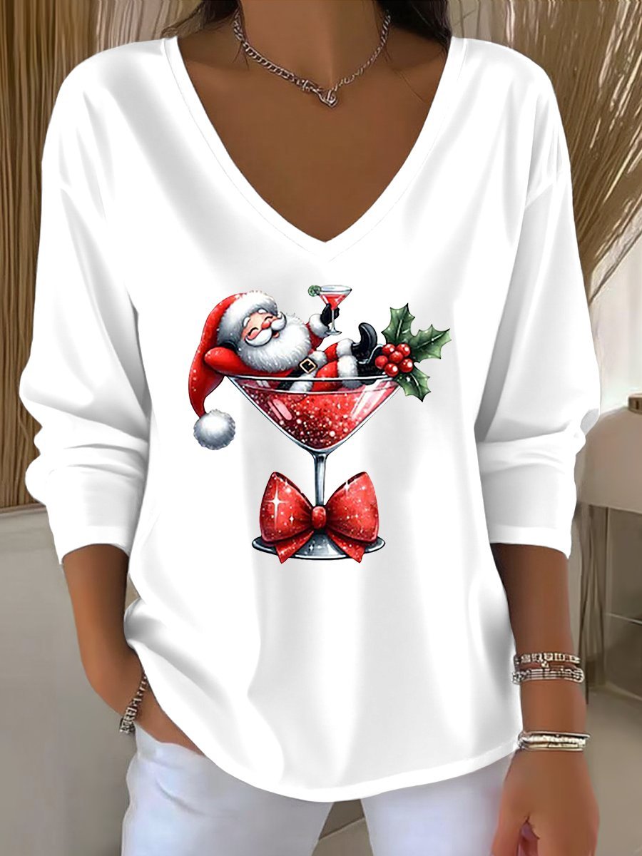 Women's Santa Claus Print Casual V-Neck Long Sleeve T-Shirt