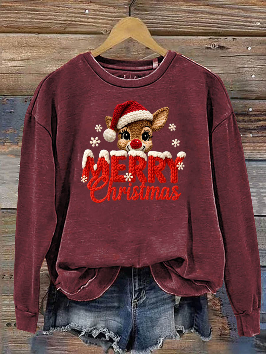 Women's Merry Christmas And Elk Knitting Crochet Pattern Neck Sweatshirt