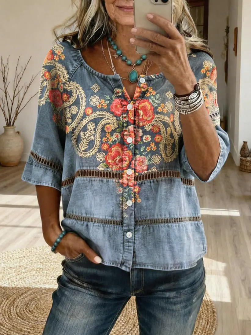 Women's Retro Bohemian Paisley Floral Art Print Casual Cutout Top