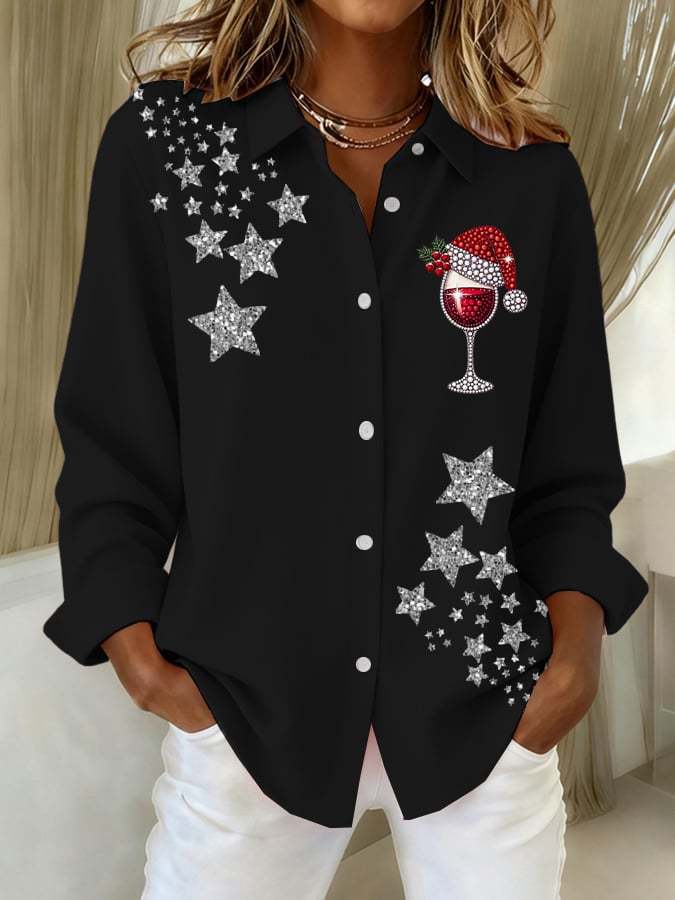 Women's Christmas Red Wine Glass Print Shirt