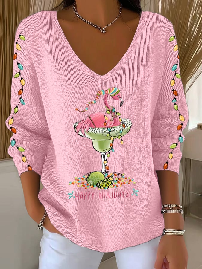 Women's Christmas Flamingo Print V Neck Sweater