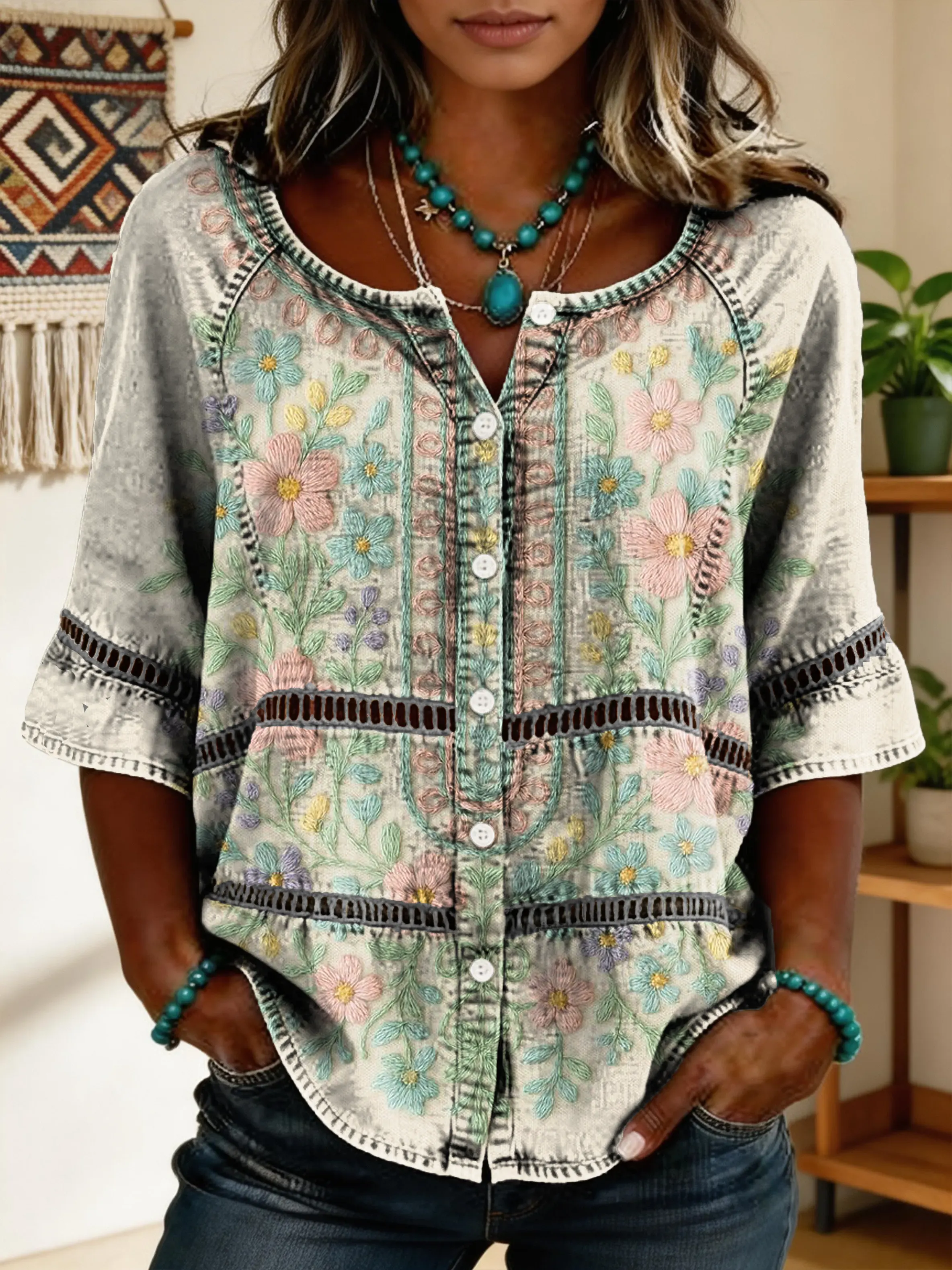 Women's Vintage Floral Art Print Lace-up Button-up Short-sleeve Shirt