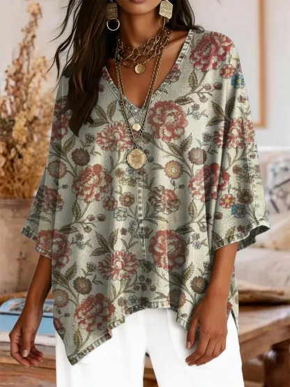 Women's Retro Ethnic Floral Art Print Casual V-neck Top