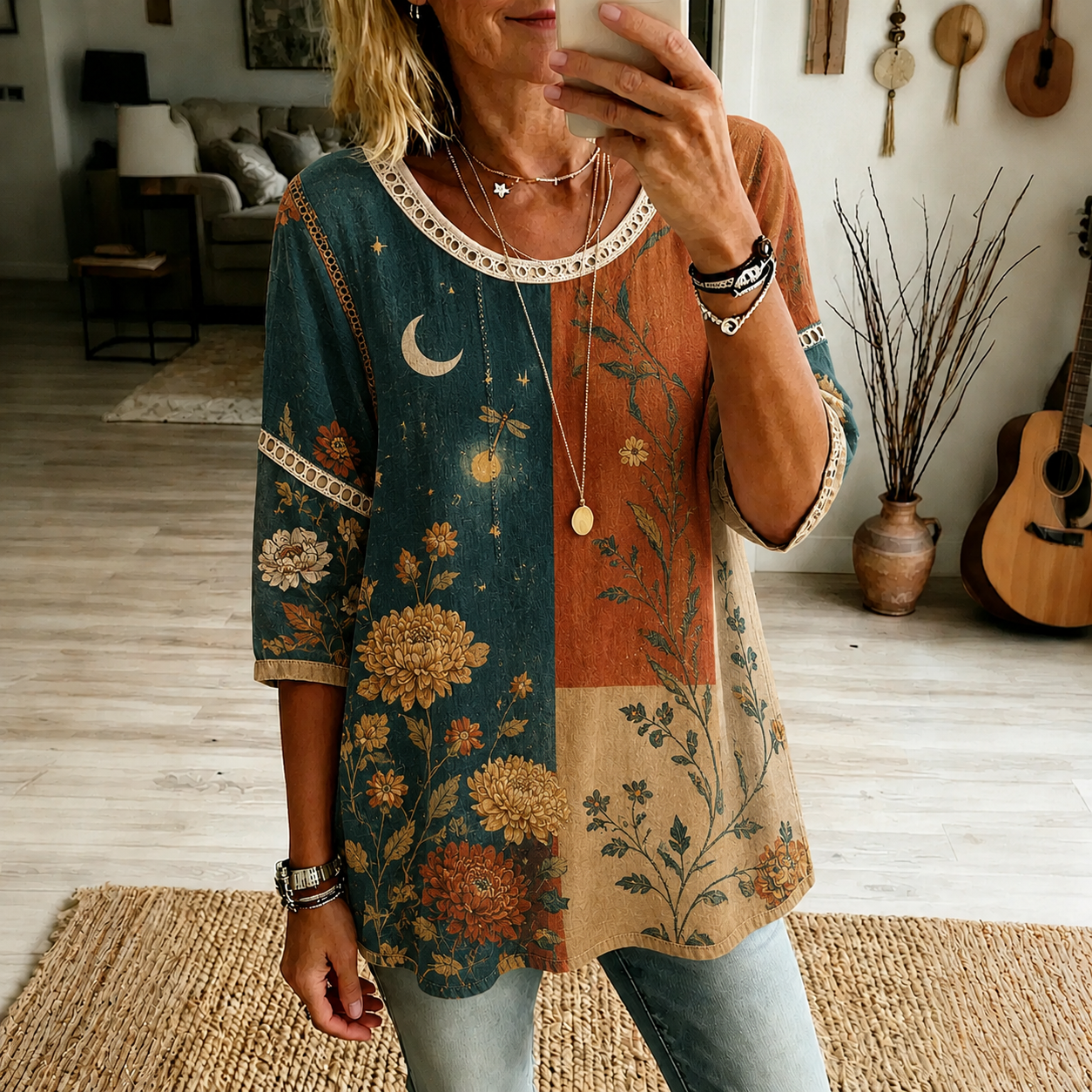 Retro Boho Forlal Patchwork Pattern Print Blouse