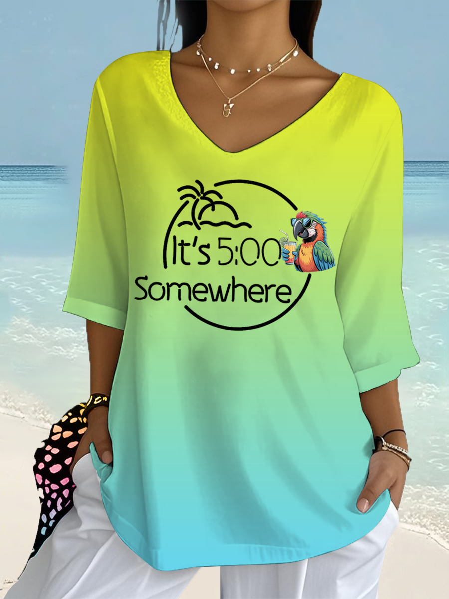 Women's I'm Retired It's 5 O'clock Everywhere Parrot Print Casual Half-Sleeve Top