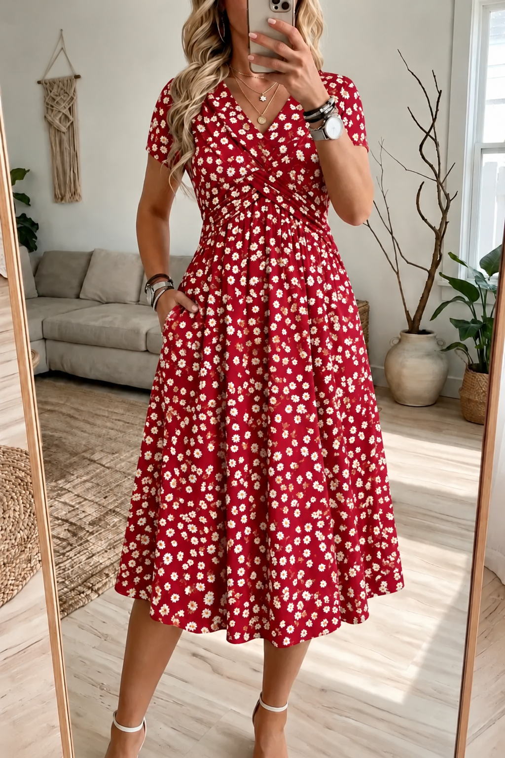 Women's V-Neck Floral Print Dress with Twist Waist