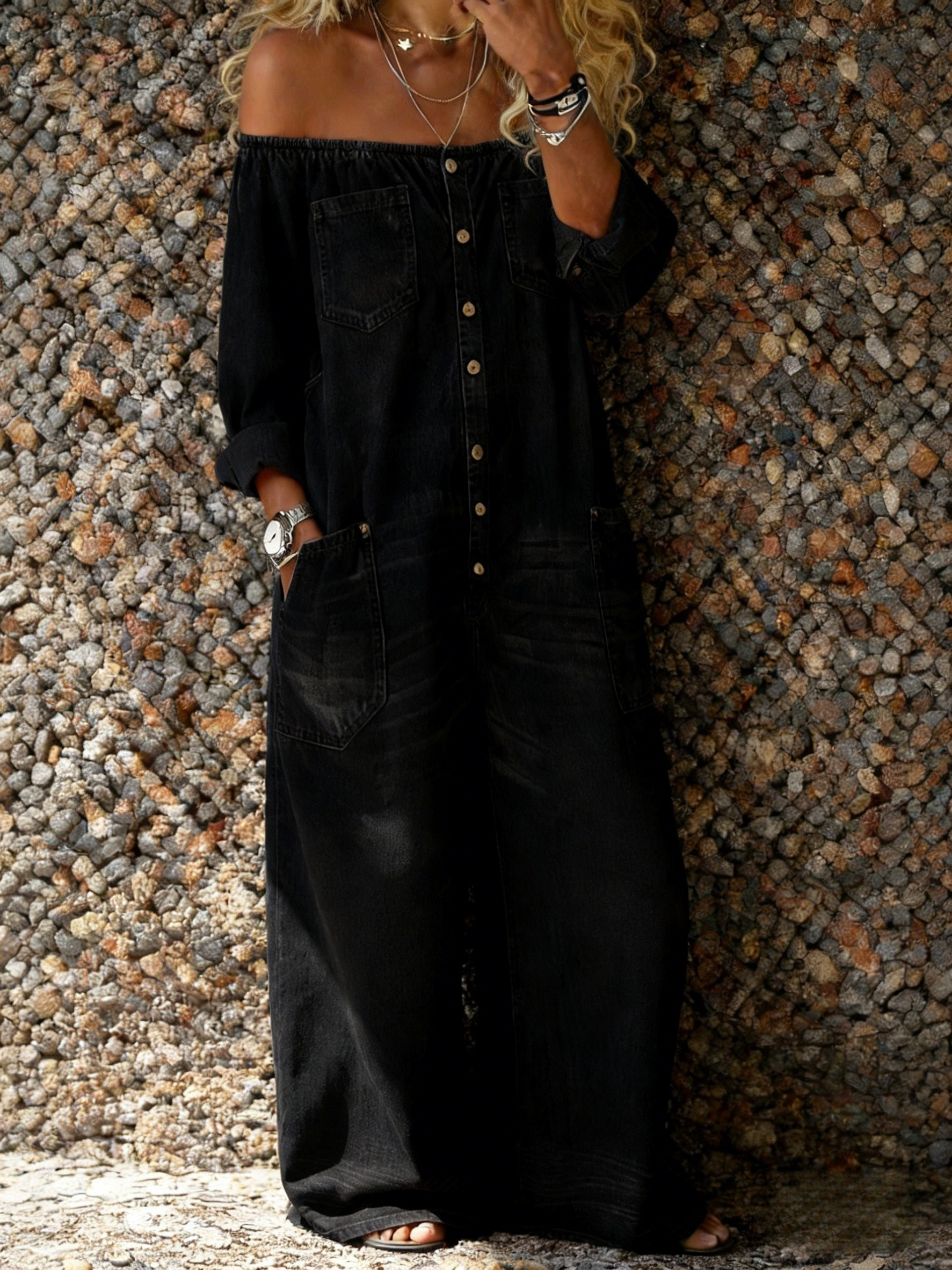 Women's Casual Long-sleeved Washed Cotton Denim Jumpsuit