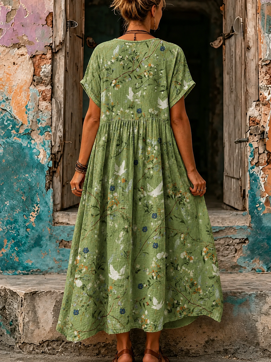 Women's Vacation Linen Boho Floral Print V-Neck Short Sleeve Maxi Dress