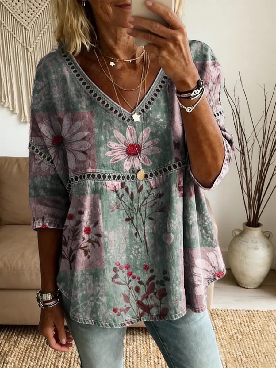 Ethnicity Bohemian Style Flowers Women's Vintage Art Print Casual V Neck Cutout Top