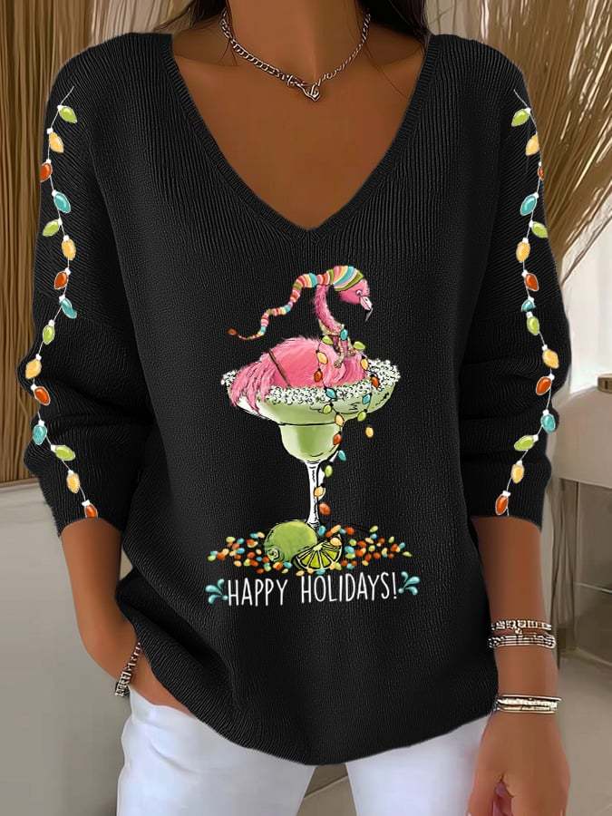 Women's Christmas Flamingo Print V Neck Sweater