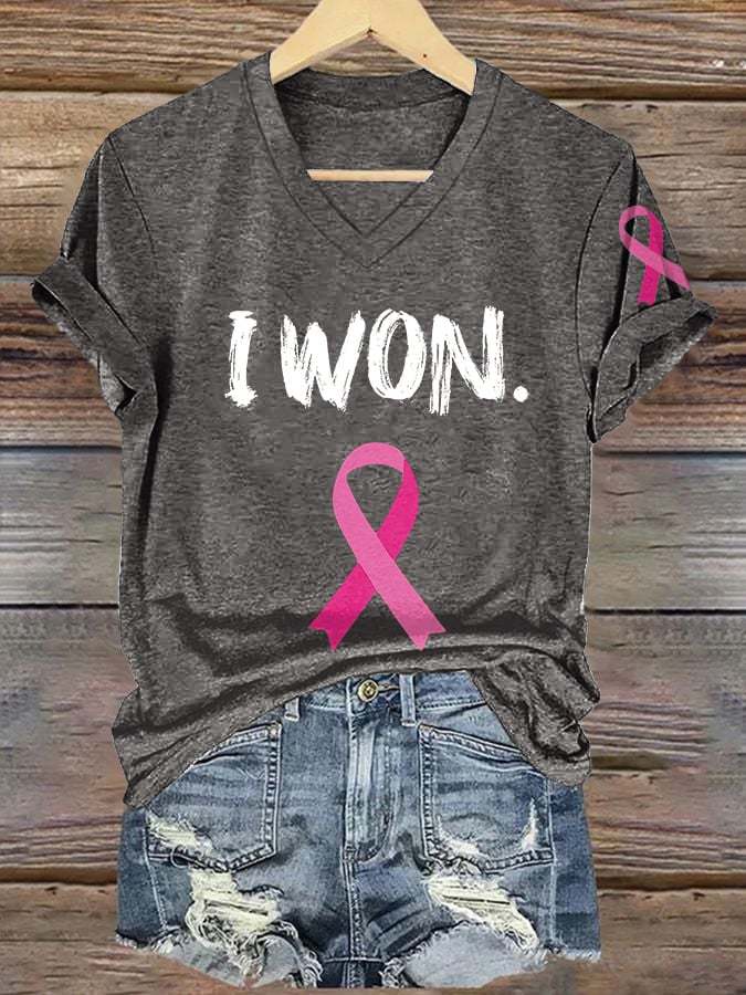 ❤️Warm Gift❤️V-neck Retro Breast Cancer Awareness Pink Ribbon I Won Print T-Shirt