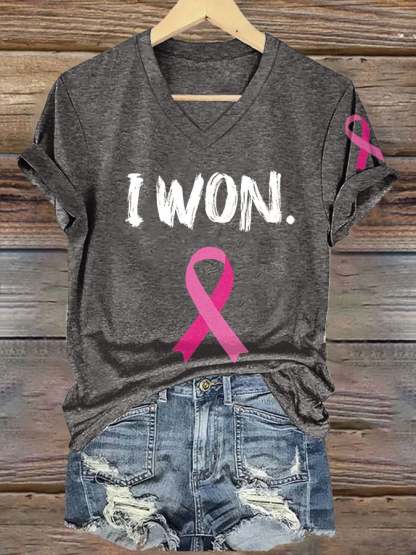 ❤️Warm Gift❤️V-neck Retro Breast Cancer Awareness Pink Ribbon I Won Print T-Shirt