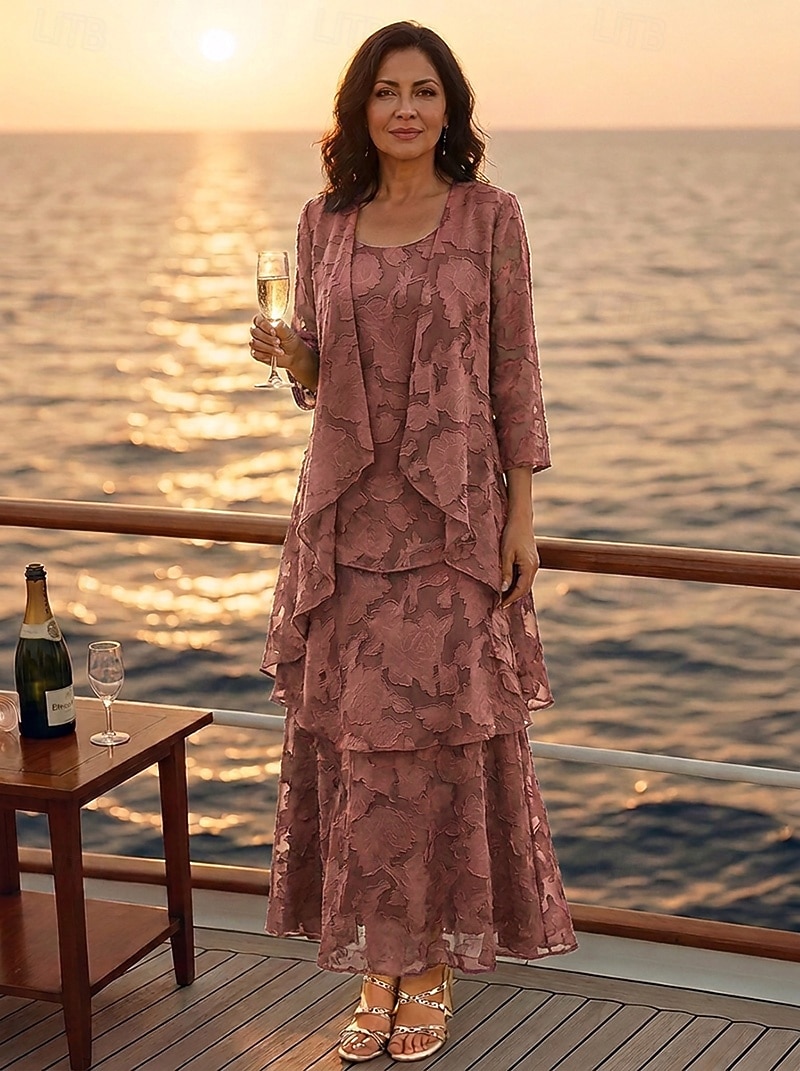 Two Piece Sheath Column Ankle Length Mother of the Bride Dress Sleeveless 3/4 Length Sleeve U Neck Scoop Neck Elegant Simple Floral Formal Wedding Guest Semi Formal Organza Jacquard with Ruffles Tier 2026 - $159.99 –P6