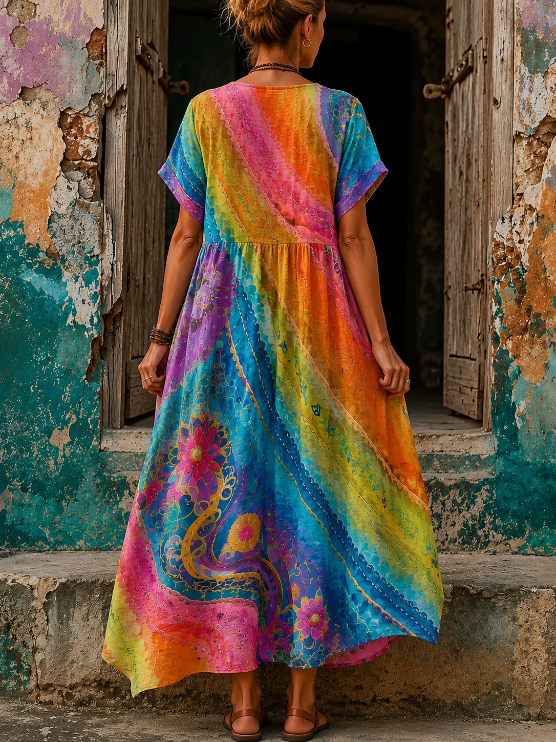Women's Vacation Linen Boho Floral Print V-Neck Short Sleeve Maxi Dress