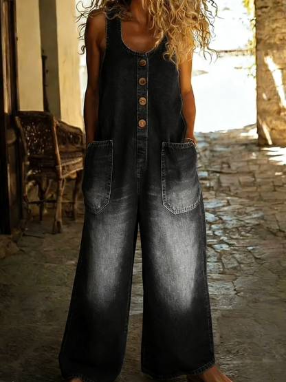 Women's Sleeveless Washed Cotton Denim Jumpsuit