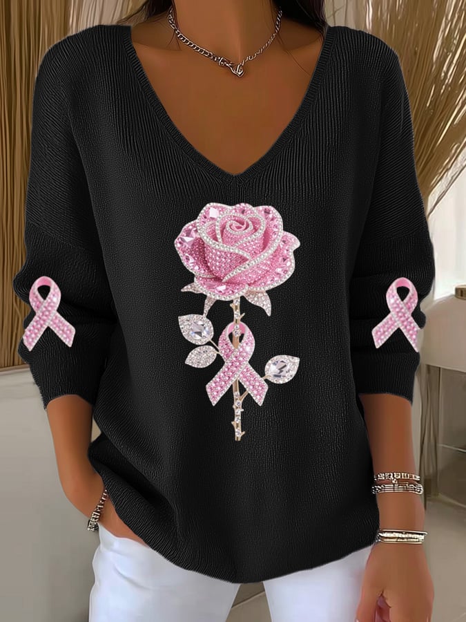 Women's Breast Cancer Awareness Roses Print V Neck Sweater
